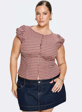 Alixandra Puff Sleeve Blouse Top Red Check Curve