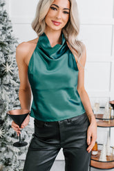 Elevated Ease Sleeveless Halter Satin Top (Emerald)