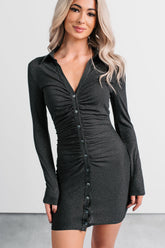 Her Way Metallic Button-Front Mini Dress (Black)