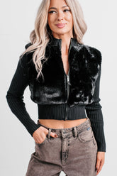 Romantic Dreams Faux Fur Front Zip Cardigan (Black)