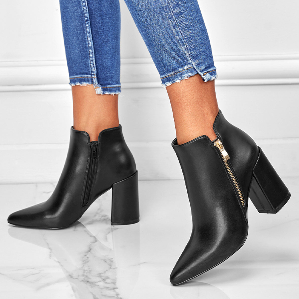 Chunky Heel Booties Pointed Toe Side Zip Ankle Boots