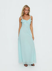 Aryelle Chiffon Frill Maxi Dress Blue Polka Dot