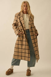 Plaid Felt Double-Breasted Calf-Length Overcoat
