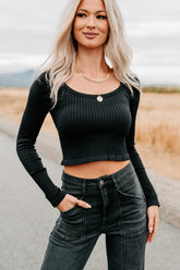 Evening Ease Scoop Neck Ribbed Crop Top (Black)