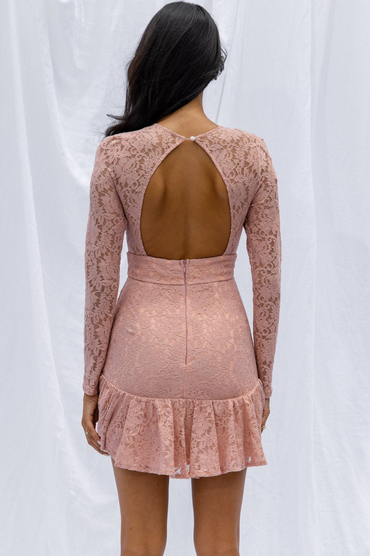 Hearts Aflutter Long Sleeve Open Back Lace Mini Dress Blush