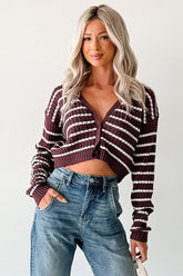 Relax & Flow Striped V Neck Cardigan Top (Dark Cherry/White)