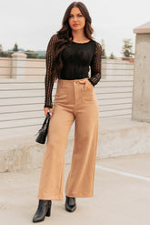 Casual Elegance Faux Suede Wide Leg Pants (Camel)