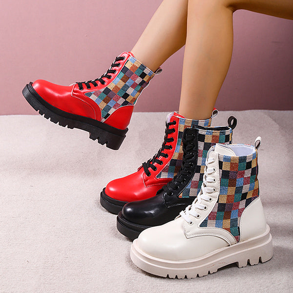 Colorful Plaid British Style Lace-Up Boots