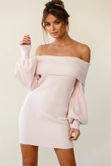 Runaway Off Shoulder Balloon Sleeve Knit Dress Pink