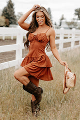 Cottage Cutie Ruffle Tier Mini Dress (Brown)