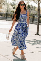 Deeply Devoted Smocked Printed Midi Dress (Denim Blue)
