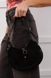 Claim Fame Faux Suede & Leather Crescent Bag (Black)