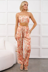 Brighter Days Printed Satin Crop Top & Pants Set (Peach Multi)