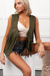 Barnwood Love Faux Suede Fringe Detail Vest (Dark Olive)