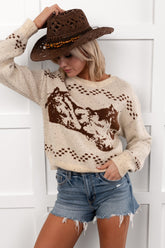 Rodeo Radiance Horse Pattern Knit Sweater (Oatmeal)