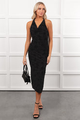 Champagne Mood Floral Halter Midi Dress (Black)