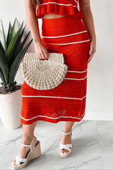 Playful & Pretty Open Knit Sweater Midi Skirt (Red Orange)