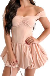 Quiet Hour Off Shoulder Bubble Mini Dress (Warm Peach)
