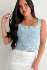 Blooming Lovely Zip Front Floral Denim Corset Top (Light Denim)