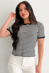 Casual & Cool Striped Puff Shoulder Top (Black/Ivory)