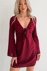 Say You Will Long Flare Sleeve Front Tie Mini Dress (Burgundy)