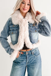 Rush Factor Faux Fur Trim Denim Crop Jacket (Denim Blue)