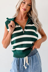 Daily Joys Striped Half-Zip Sweater Vest (Green/Cream)