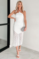 Dancing With Destiny Crochet Lace Halter Midi Dress (Off White)