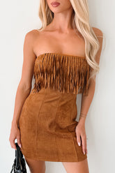 Country Dreams Suede Fringe Mini Dress (Brown)