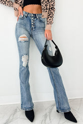 Aysha High Rise Distressed Indigo Reign Flare Jeans (Medium)