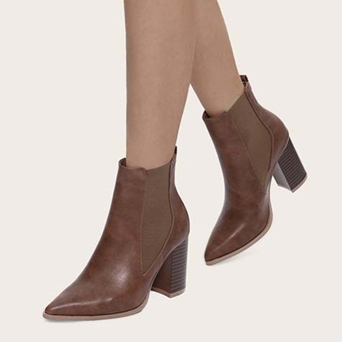 Chunky Heel Chelsea Booties Pointy Toe Western Ankle Boots