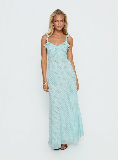 Aryelle Chiffon Frill Maxi Dress Blue Polka Dot