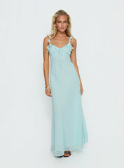 Aryelle Chiffon Frill Maxi Dress Blue Polka Dot