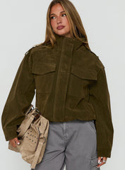 Double Life Funnel Neck Cargo Jacket Olive Green