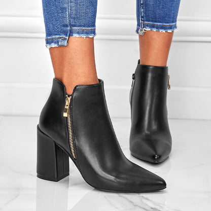Chunky Heel Booties Pointed Toe Side Zip Ankle Boots