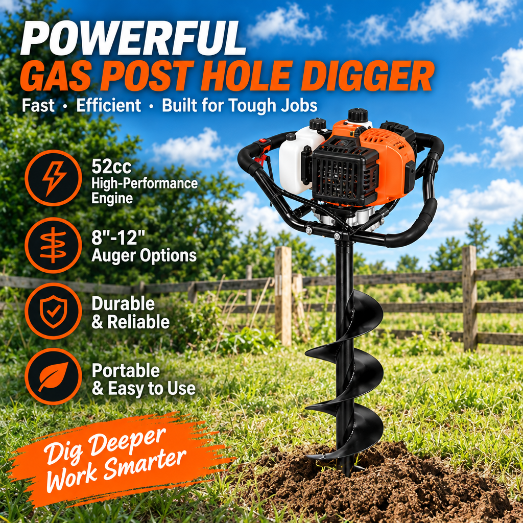 52CC Gas Powered Post Hole Digger, 6" & 10" Auger Bits