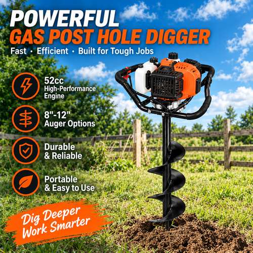 52CC Gas Powered Post Hole Digger, 6" & 10" Auger Bits