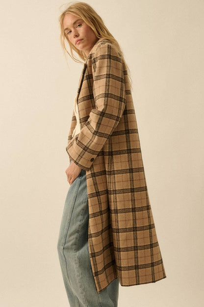 Plaid Felt Double-Breasted Calf-Length Overcoat
