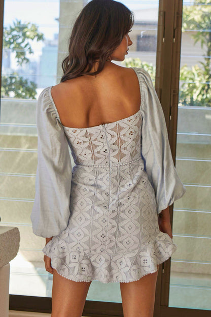 Make Memories Balloon Sleeve Molded Bust Lace Dress Steel Blue
