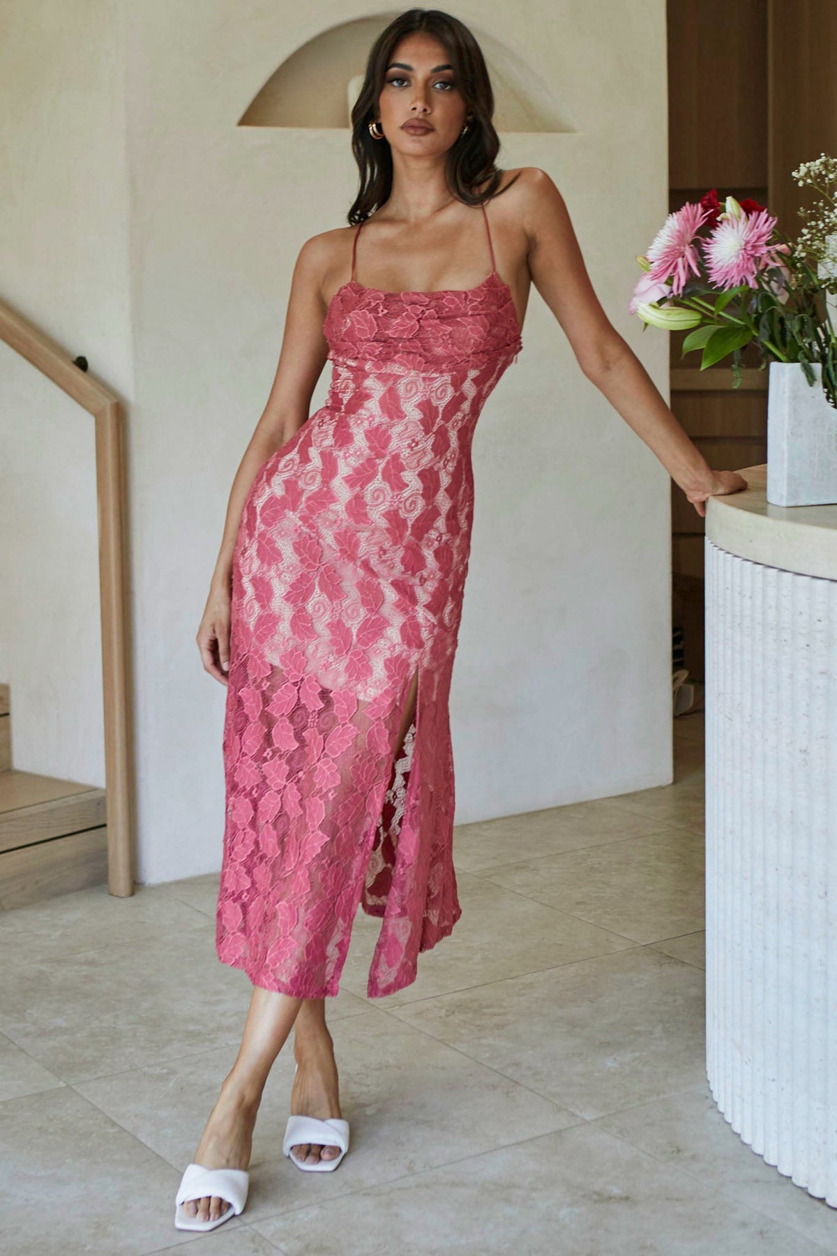 Well Versed Pleated Bust Front Split Dress Lace Rose