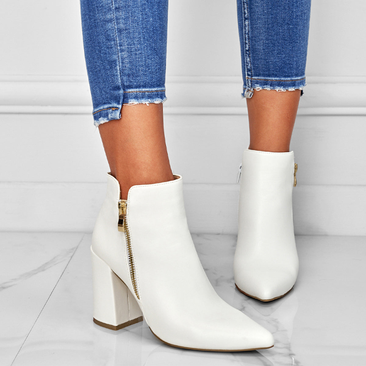 Chunky Heel Booties Pointed Toe Side Zip Ankle Boots