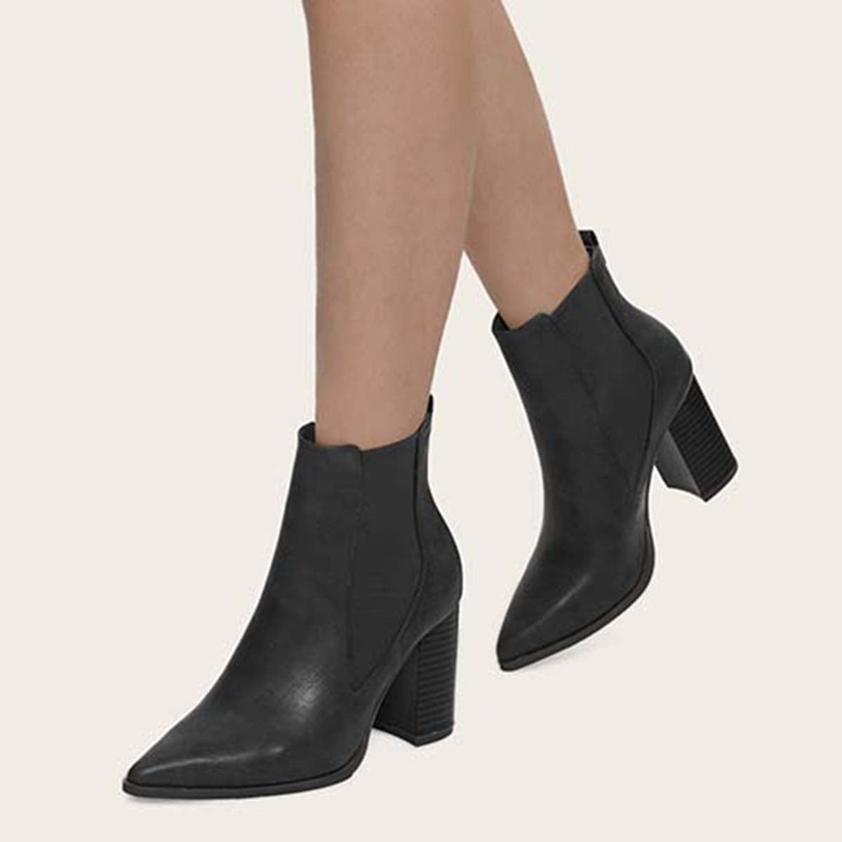 Chunky Heel Chelsea Booties Pointy Toe Western Ankle Boots