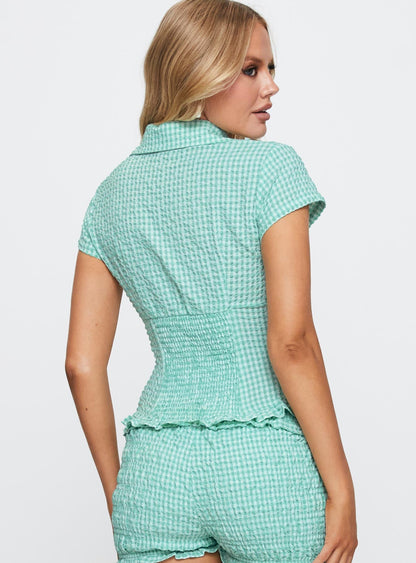 Covey Shirred Top Aqua Check