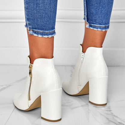 Chunky Heel Booties Pointed Toe Side Zip Ankle Boots