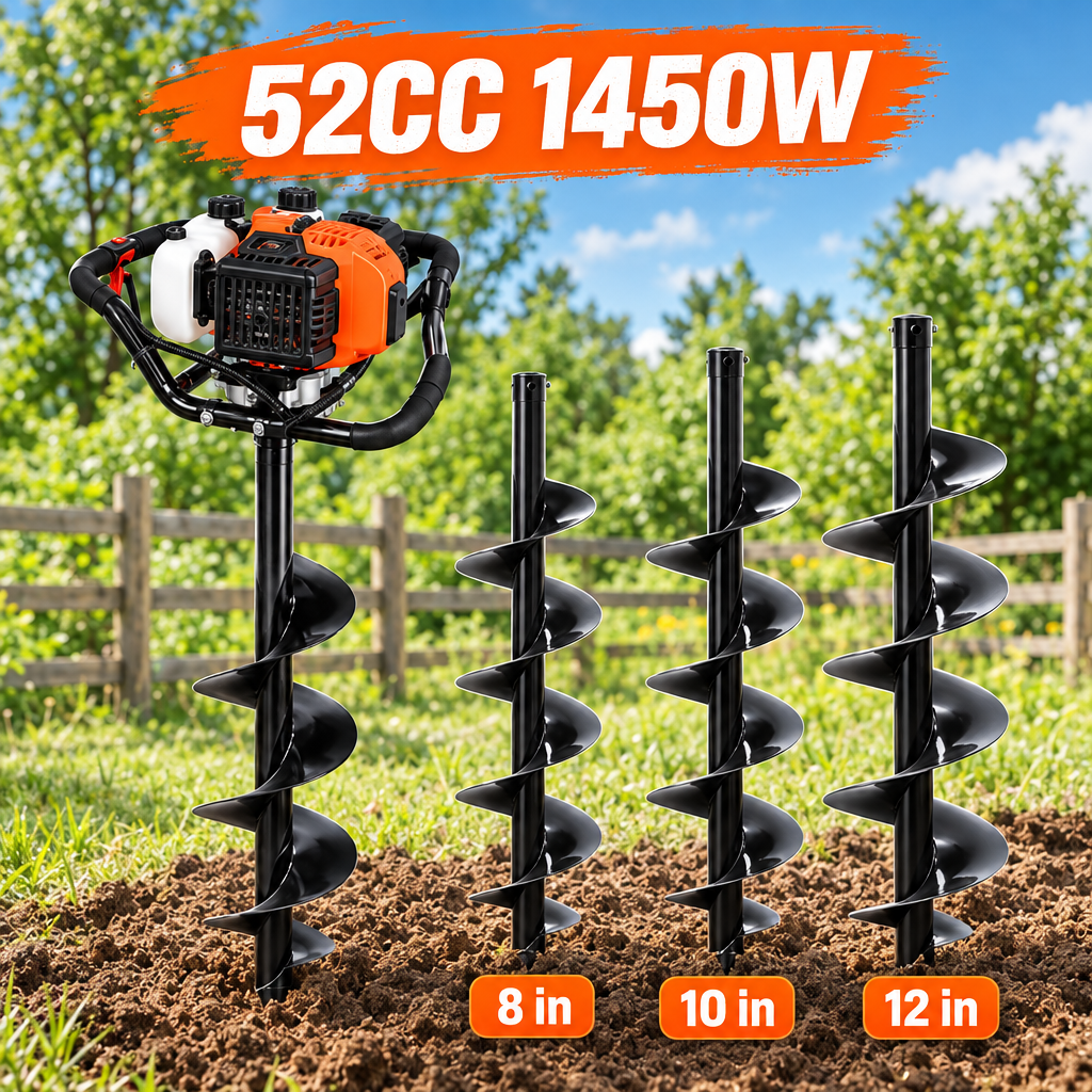 52CC Gas Powered Post Hole Digger, 6" & 10" Auger Bits