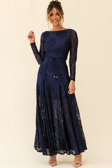 Palm Springs Long Sleeve Lace Overlay Maxi Dress Navy