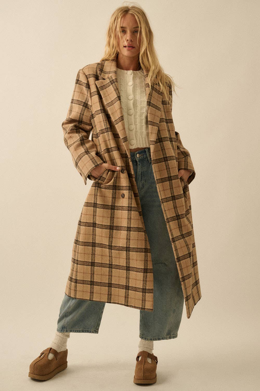 Plaid Felt Double-Breasted Calf-Length Overcoat