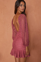 Halley Balloon Sleeve Frill Bust Flounce Hem Lace Dress Rose