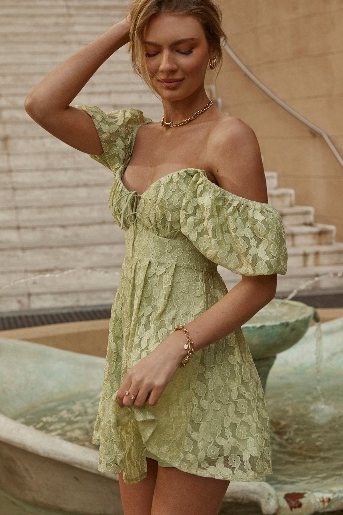 Lovers Gonna Love Puff Sleeve Lace Overlay Dress Sage