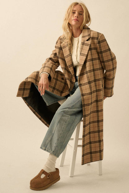 Plaid Felt Double-Breasted Calf-Length Overcoat